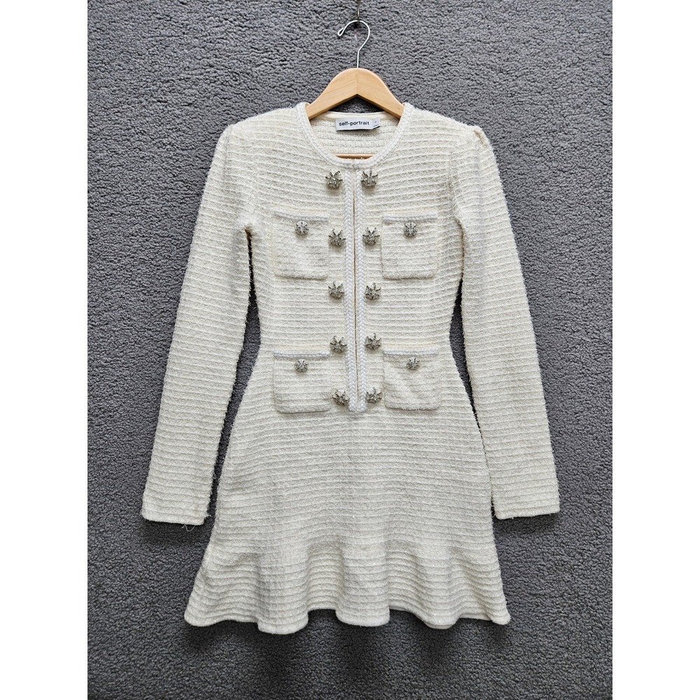 Self Portrait Cream Buttoned Knit Mini Dress S Boucle Crystal Star Old Money